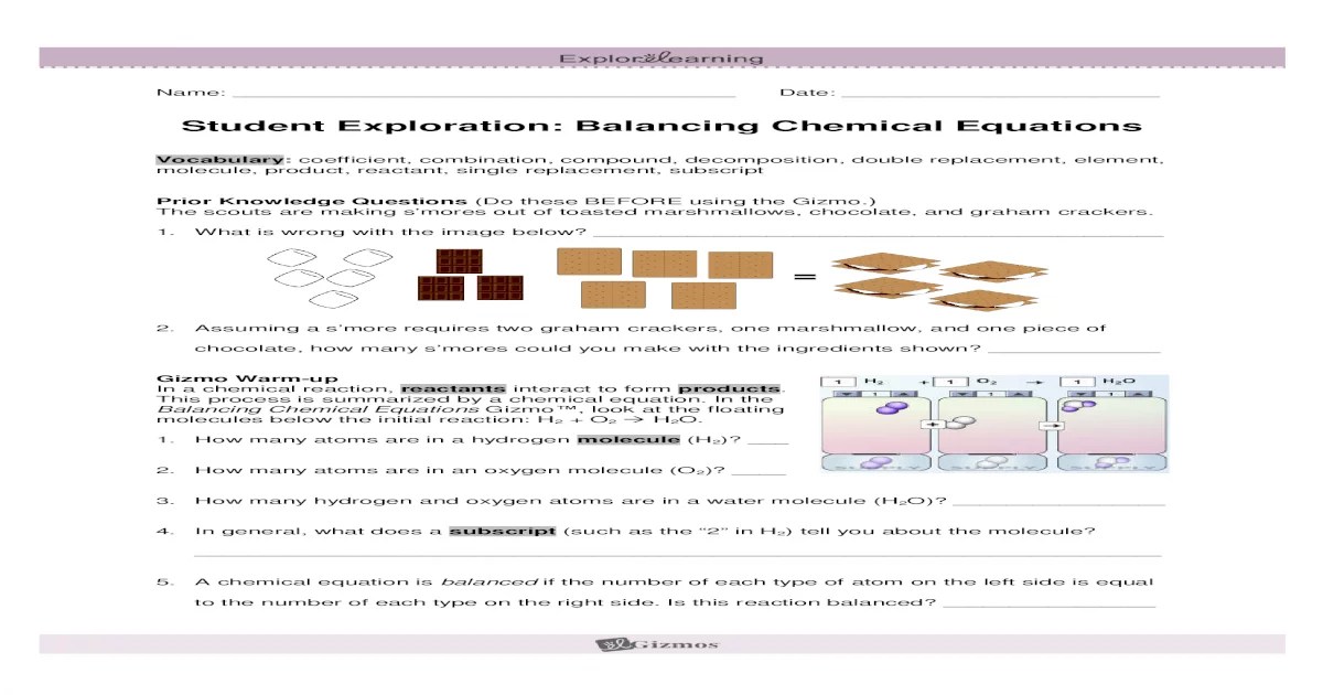 Student exploration balancing chemical equations